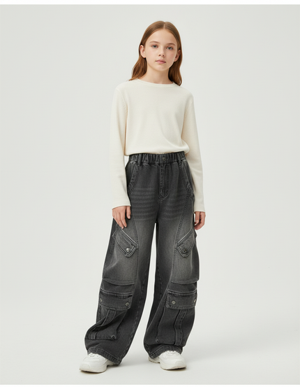 Pantalon Cargo Gris Ample Denim Multipoches Enfant - Jean