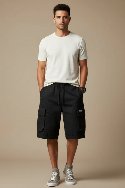 Pantalon Cargo Homme Noir Taille Élastique - Toile