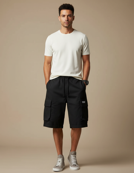 Pantalon Cargo Homme Noir Taille Élastique - Toile