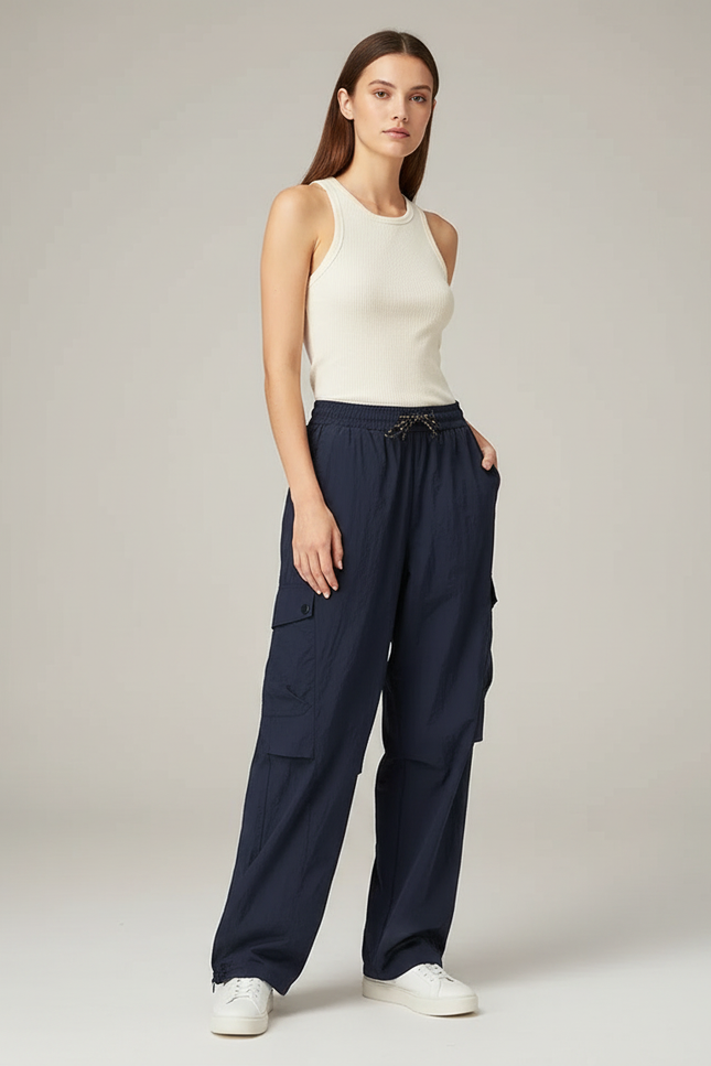 Pantalon Cargo Fluide Bleu Marine Légère Femme - Polyester