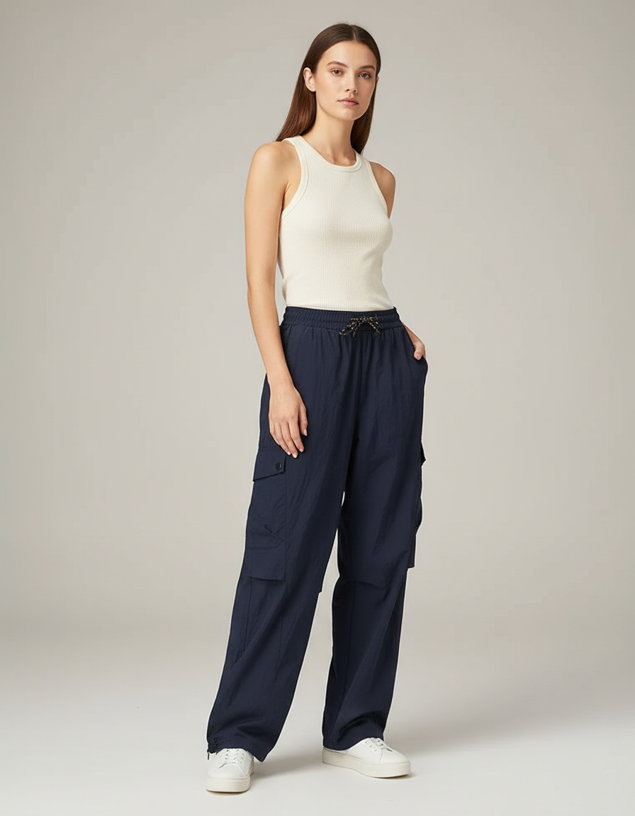 Pantalon Cargo Fluide Bleu Marine Légère Femme - Polyester