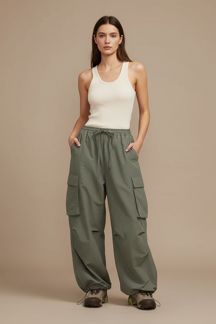 Pantalon Cargo Vert Large Oversize Streetwear Femme - Kaki Polyester