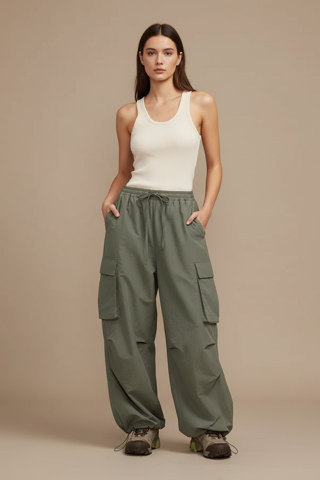Pantalon Cargo Vert Large Oversize Streetwear Femme - Kaki Polyester