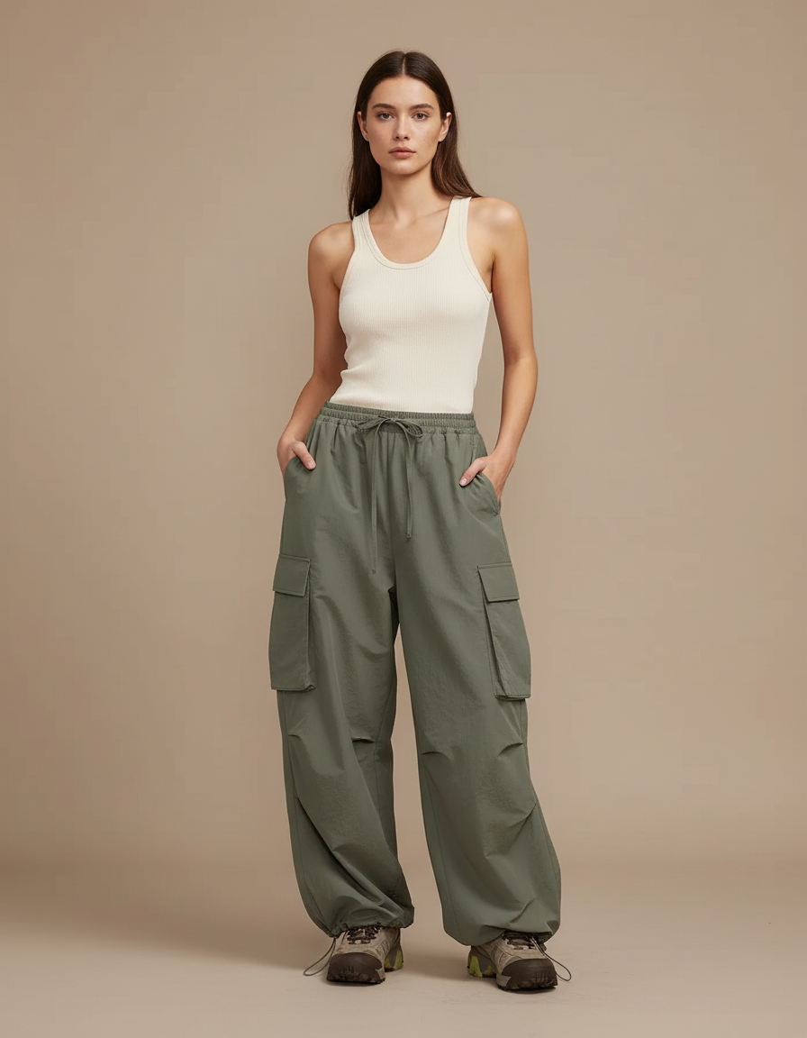 Pantalon Cargo Vert Large Oversize Streetwear Femme - Kaki Polyester