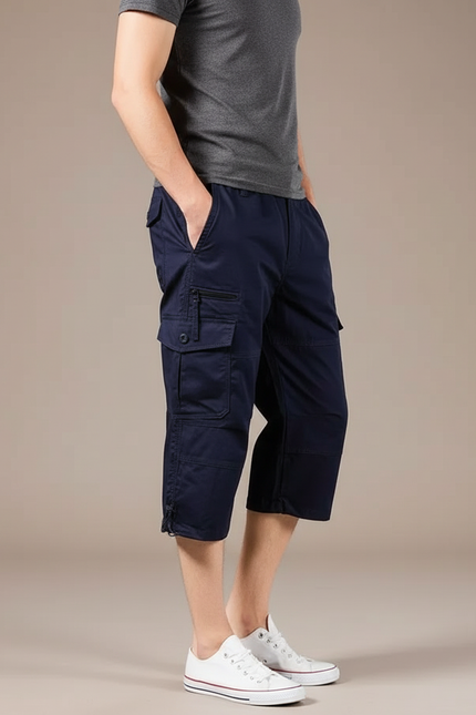 Pantalon Cargo Bleu Marine Court Multipoches Homme Coton