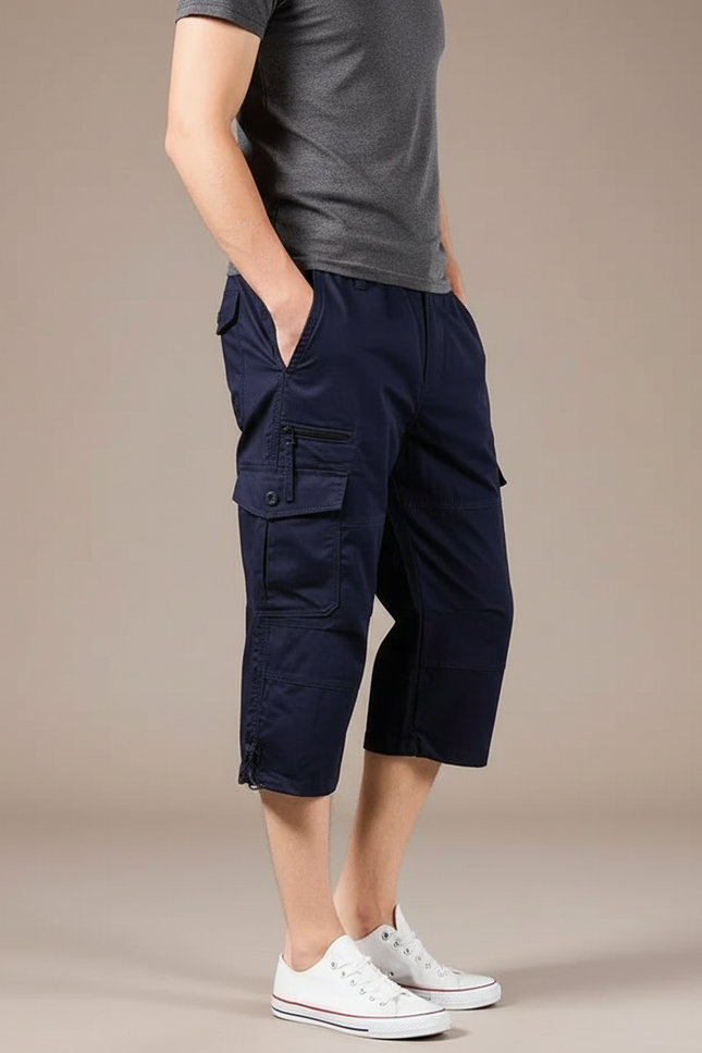 Pantalon Cargo Bleu Marine Court Multipoches Homme Coton
