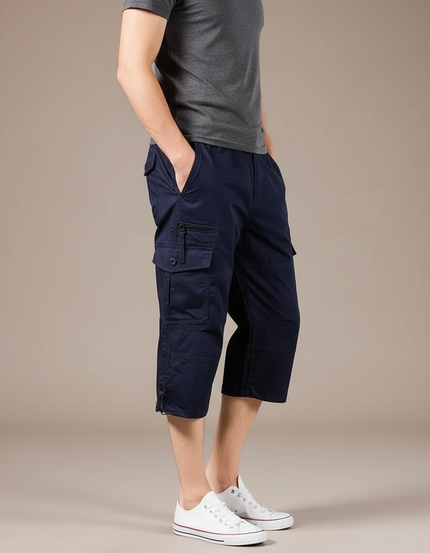 Pantalon Cargo Bleu Marine Court Multipoches Homme Coton