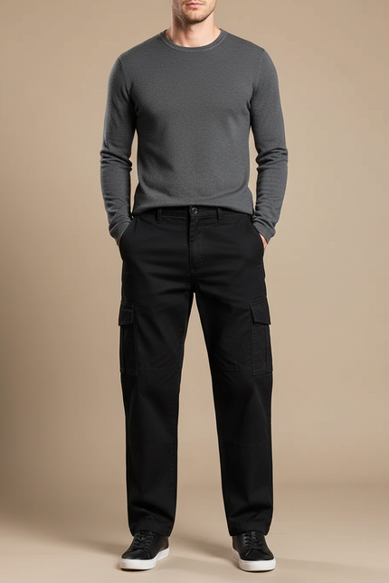 Pantalon Cargo Noir Coton Ample Décontracté Multipoches - Toile