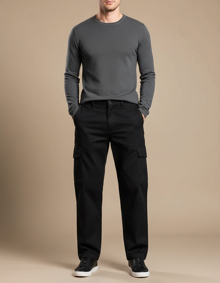 Pantalon Cargo Noir Coton Ample Décontracté Multipoches - Toile