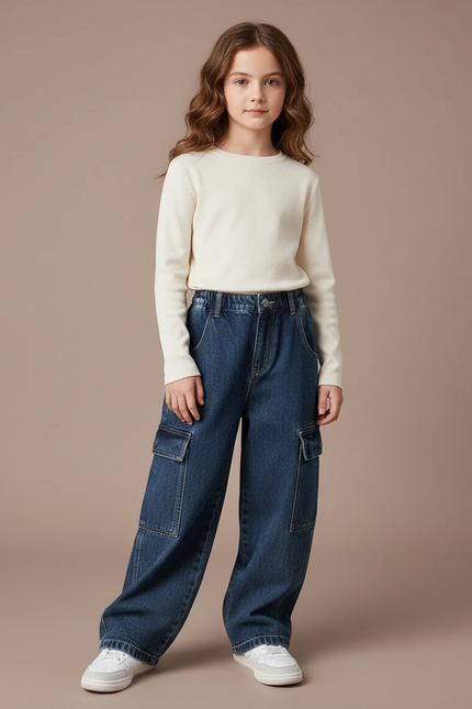 Pantalon Cargo Denim Ample Poches Latérales - Bleu Jean