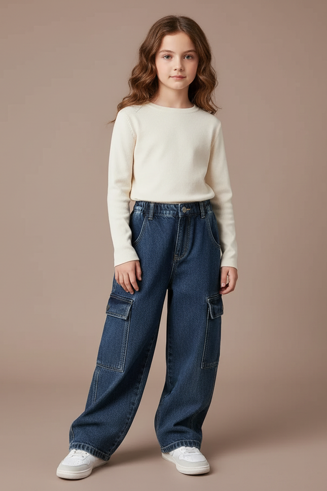 Pantalon Cargo Denim Ample Poches Latérales - Bleu Jean