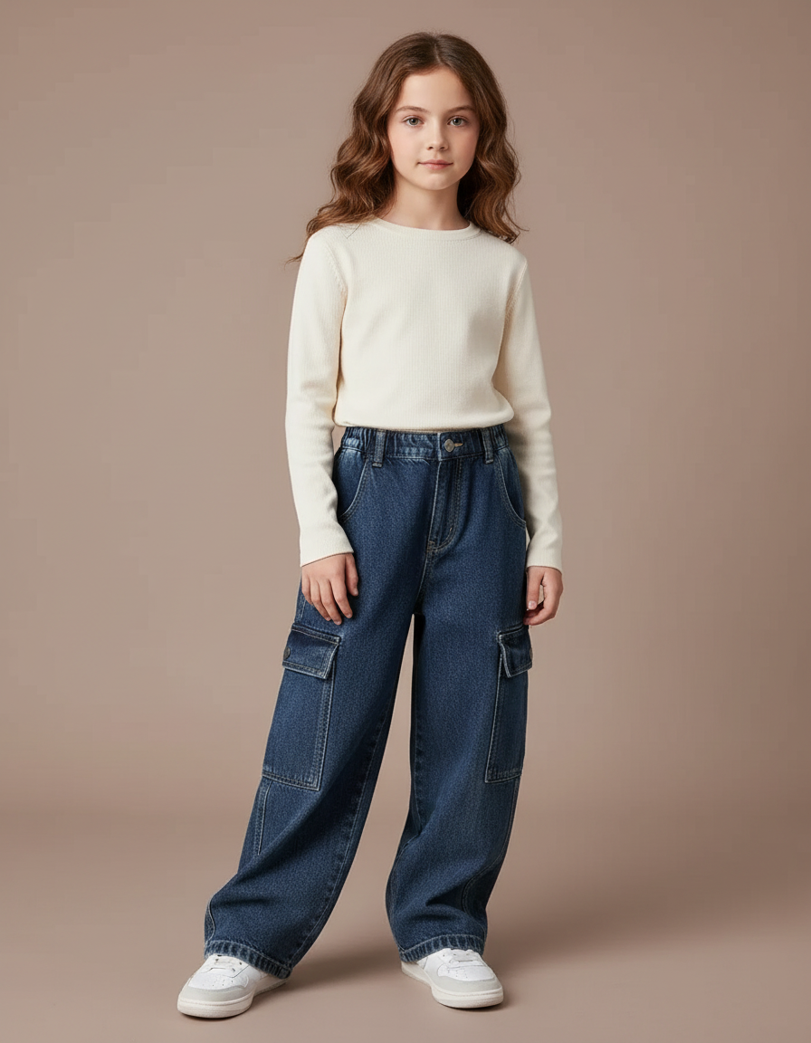 Pantalon Cargo Denim Ample Poches Latérales - Bleu Jean