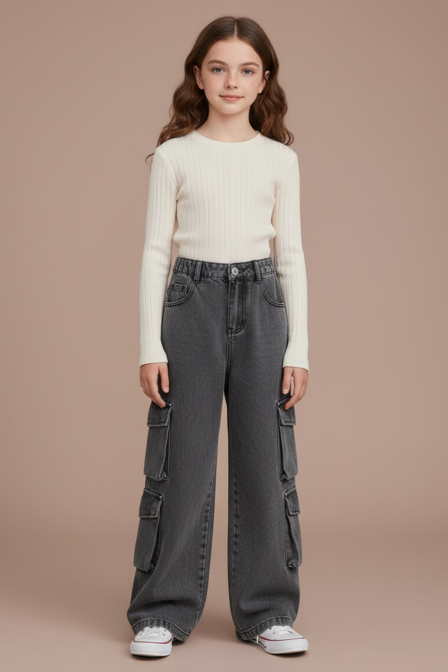 Pantalon Cargo Gris Denim Ample Multipoches Enfant - Jean