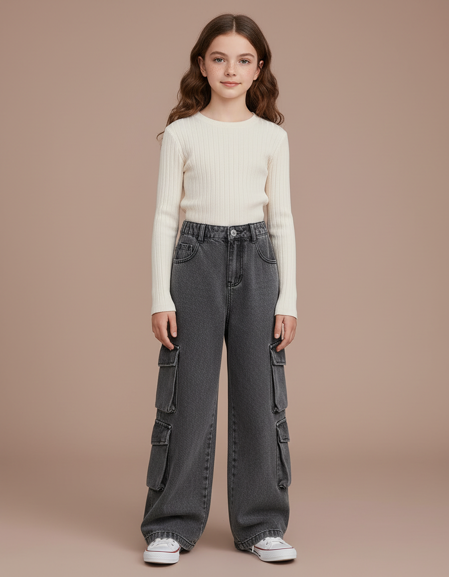 Pantalon Cargo Gris Denim Ample Multipoches Enfant - Jean