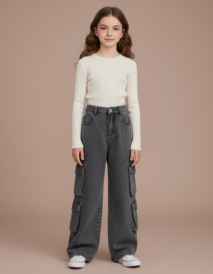 Pantalon Cargo Gris Denim Ample Multipoches Enfant - Jean