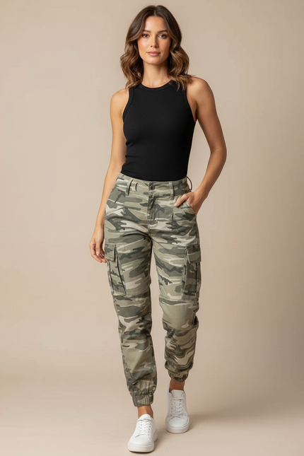 Pantalon Cargo Camouflage Militaire Ajusté Femme Jogger - Imprimé Toile