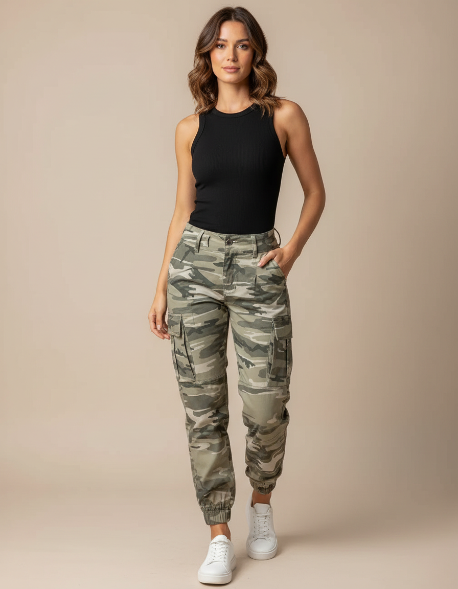 Pantalon Cargo Camouflage Militaire Ajusté Femme Jogger - Imprimé Toile