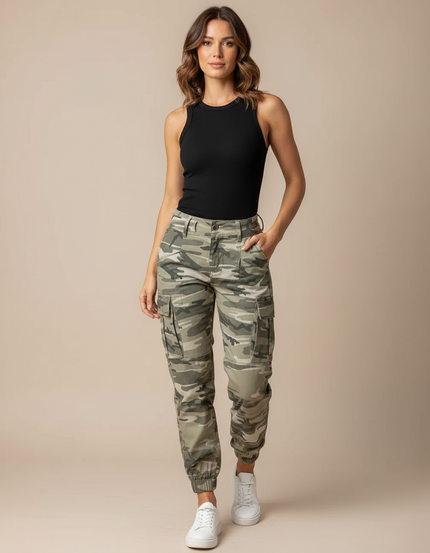 Pantalon Cargo Camouflage Militaire Ajusté Femme Jogger - Imprimé Toile