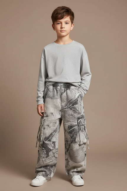 Pantalon Cargo Gris Imprimé Ample Décontracté Garçon - Jean