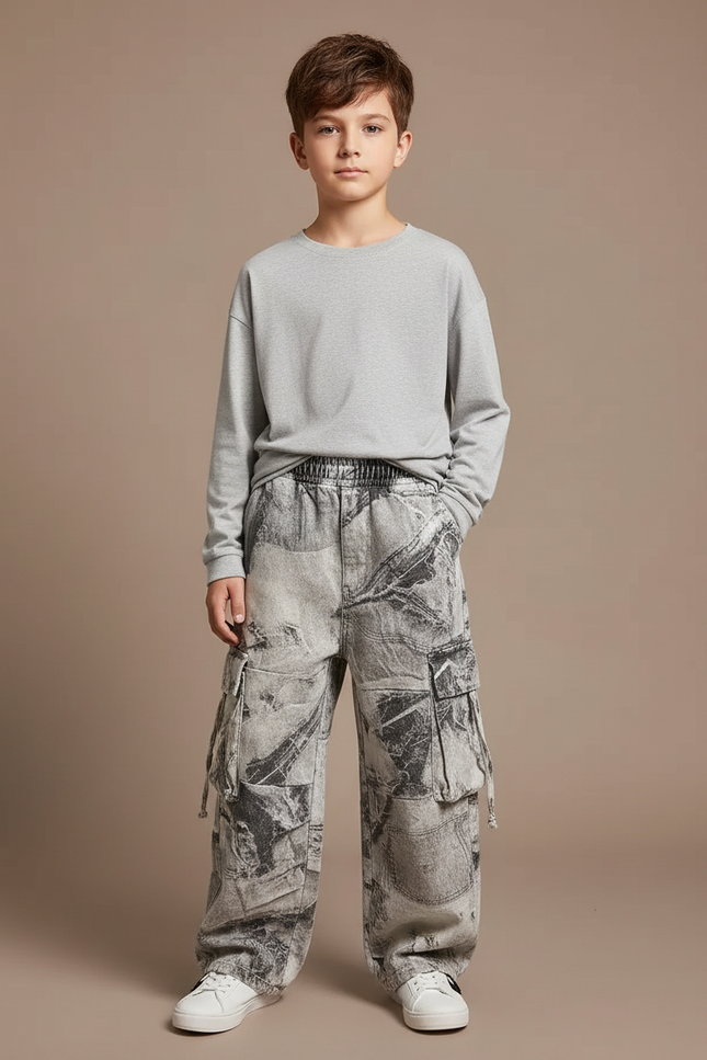 Pantalon Cargo Gris Imprimé Ample Décontracté Garçon - Jean