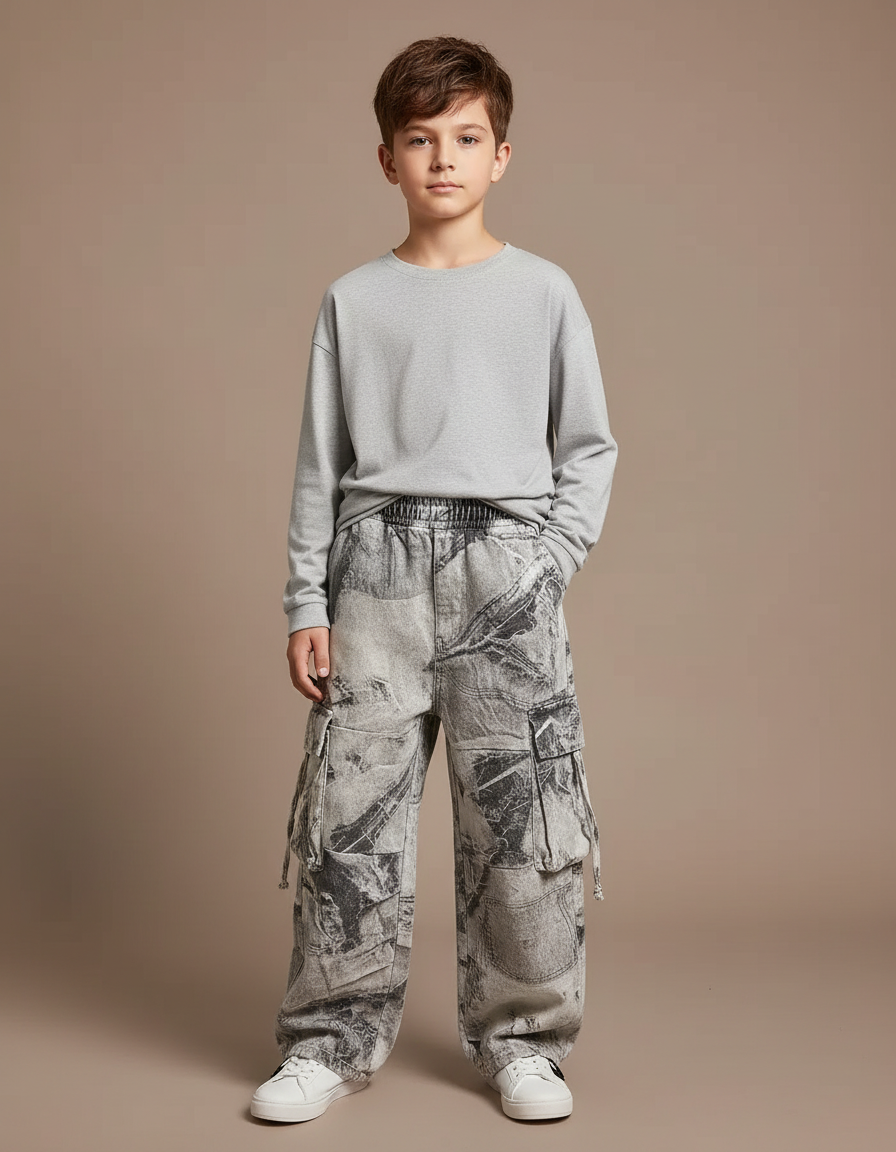 Pantalon Cargo Gris Imprimé Ample Décontracté Garçon - Jean