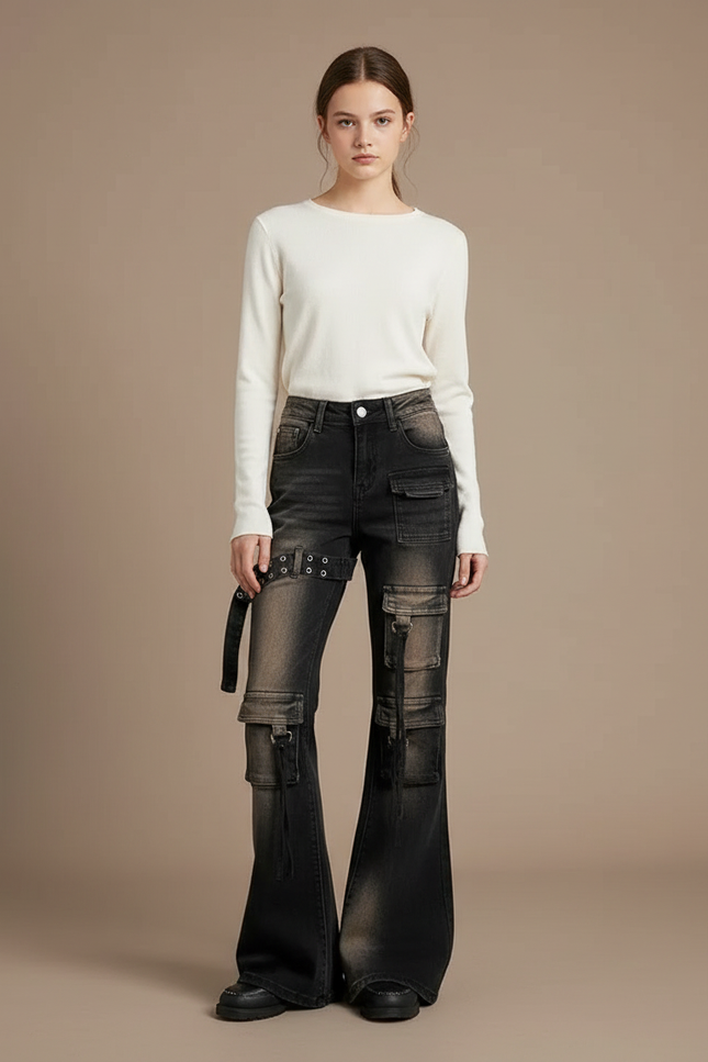 Pantalon Cargo Évasé Vintage Distressed Ceinturé Femme - Noir Jean