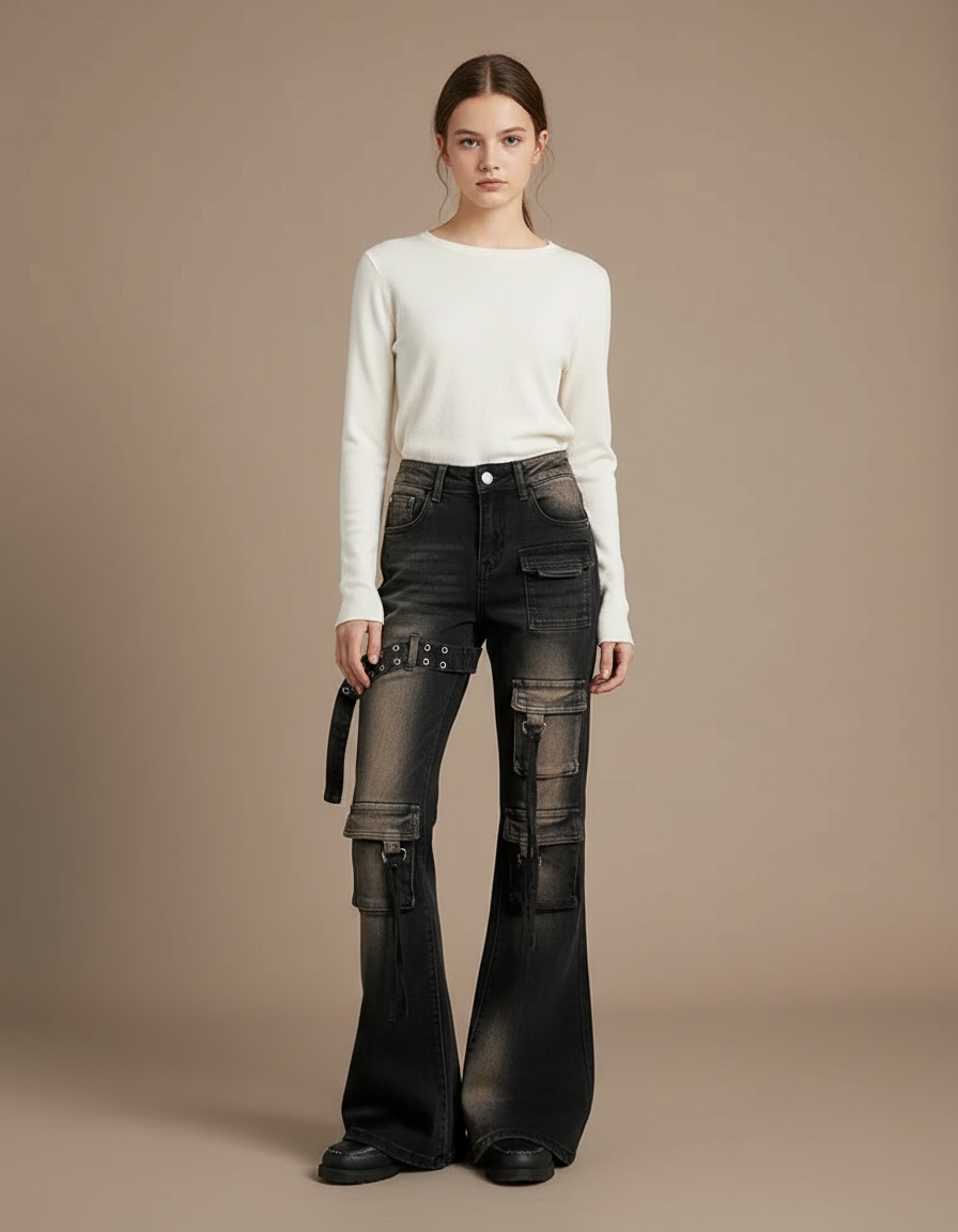 Pantalon Cargo Évasé Vintage Distressed Ceinturé Femme - Noir Jean