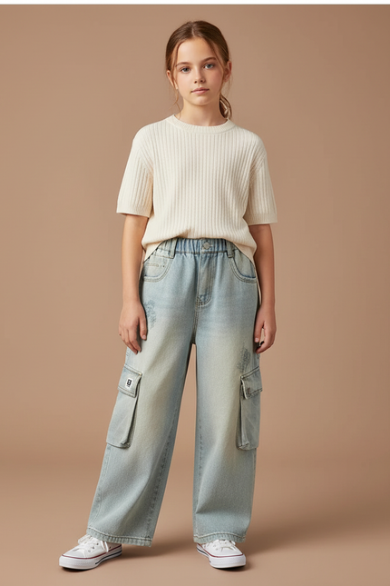 Pantalon Cargo Jean Ample Délavé Poches Latérales Enfants - Bleu