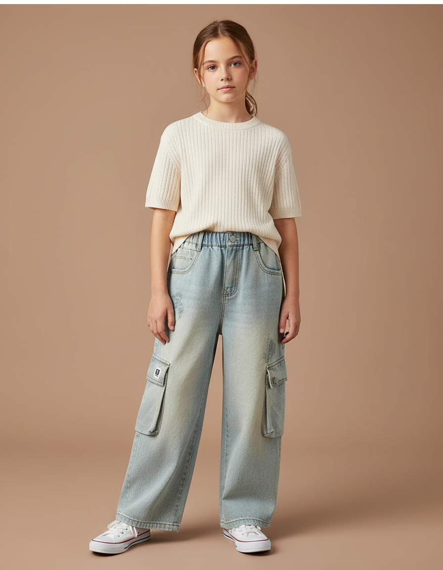 Pantalon Cargo Jean Ample Délavé Poches Latérales Enfants - Bleu