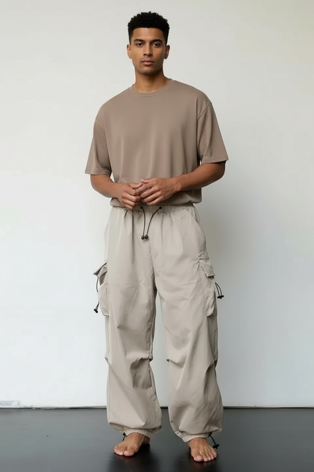 Pantalon Cargo Beige Ample Multi-Poches Décontracté Homme - Polyester