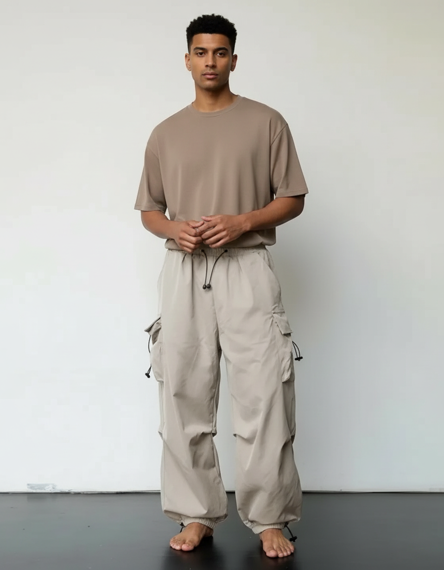 Pantalon Cargo Beige Ample Multi-Poches Décontracté Homme - Polyester