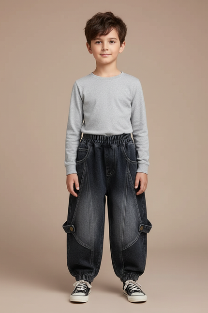 Pantalon Cargo Enfant Ample Délavé Noir Jean