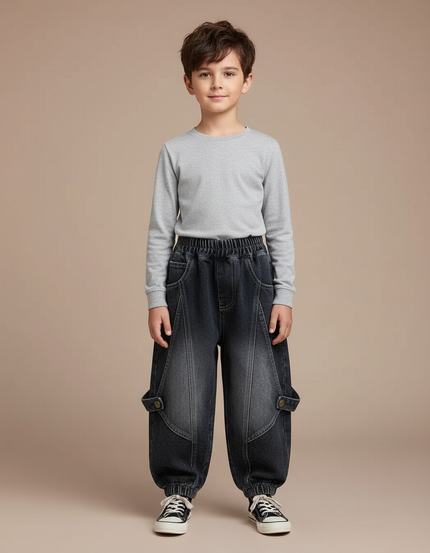 Pantalon Cargo Enfant Ample Délavé Noir Jean
