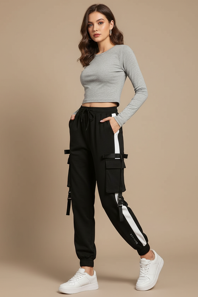 Pantalon Cargo Noir Bandes Blanches Ample Femme - Molleton