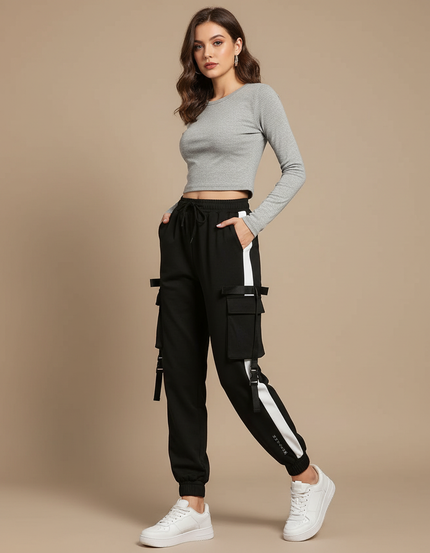 Pantalon Cargo Noir Bandes Blanches Ample Femme - Molleton