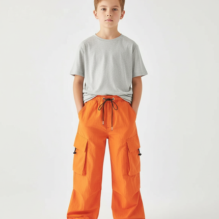 Pantalon Cargo Orange Ample Enfant Multipoches Streetwear - Polyester