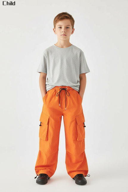 Pantalon Cargo Orange Ample Enfant Multipoches Streetwear - Polyester