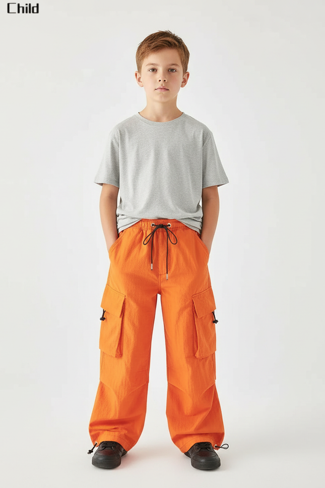 Pantalon Cargo Orange Ample Enfant Multipoches Streetwear - Polyester