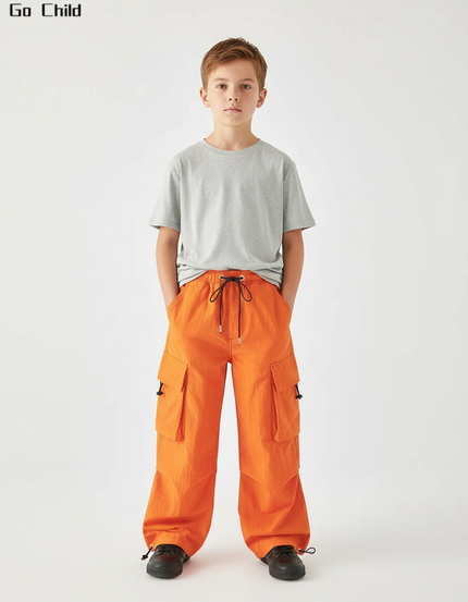 Pantalon Cargo Orange Ample Enfant Multipoches Streetwear - Polyester