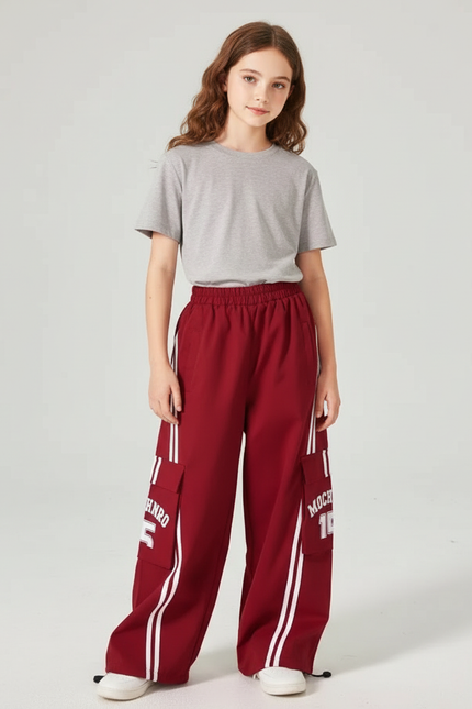 Pantalon Cargo Rouge Ample Rayures Blanches Fille - Bordeaux Polyester