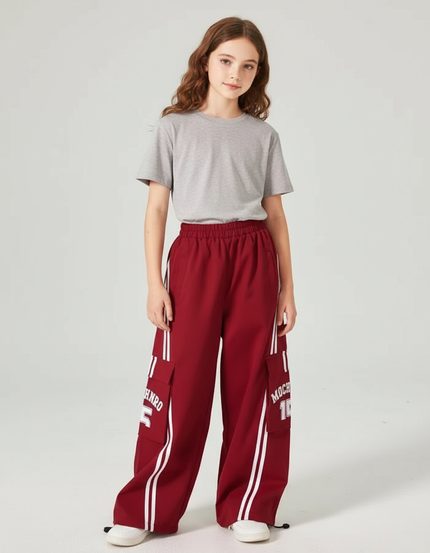 Pantalon Cargo Rouge Ample Rayures Blanches Fille - Bordeaux Polyester