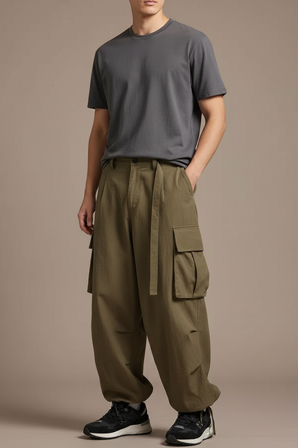 Pantalon Cargo Ample Kaki Multipoches Décontracté Homme - Toile