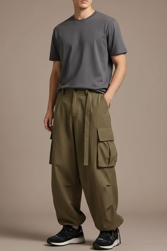 Pantalon Cargo Ample Kaki Multipoches Décontracté Homme - Toile