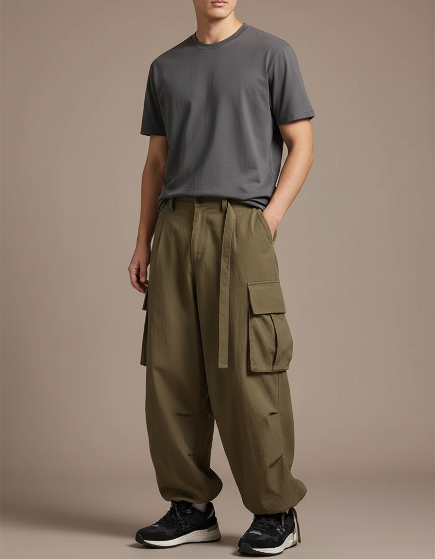 Pantalon Cargo Ample Kaki Multipoches Décontracté Homme - Toile