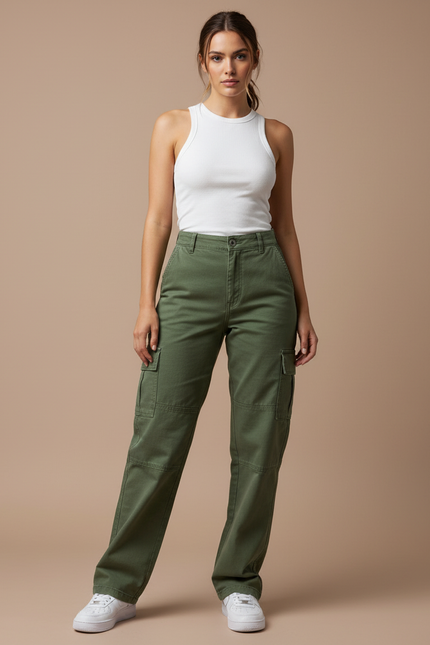 Pantalon Cargo Vert Kaki Droit Ample Multipoches Femme - Toile