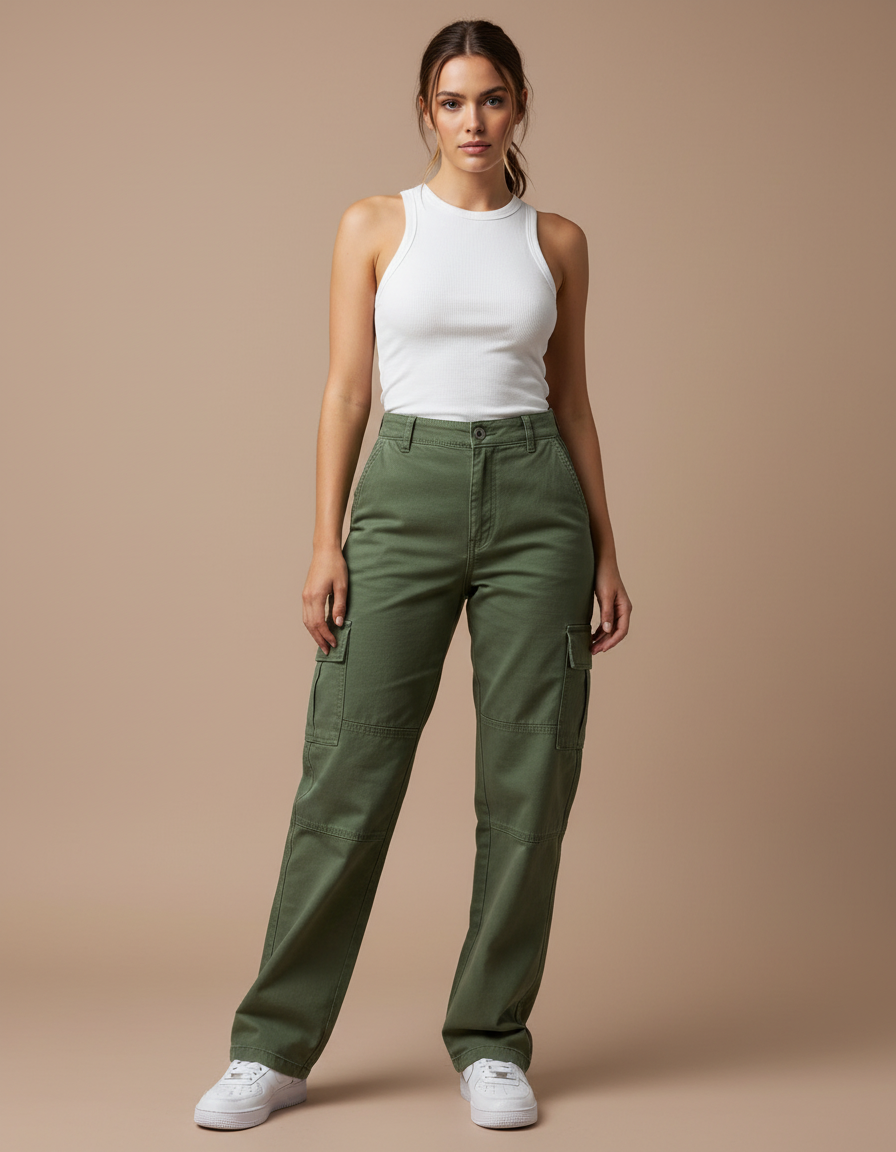Pantalon Cargo Vert Kaki Droit Ample Multipoches Femme - Toile