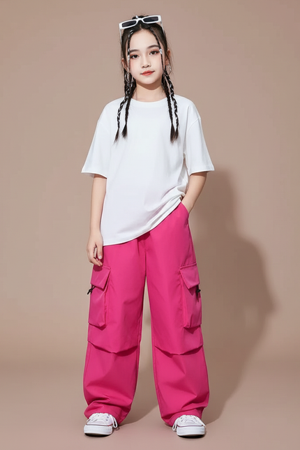 Pantalon Cargo Fuchsia Ample Décontracté Multipoches Enfant - Rose Polyester