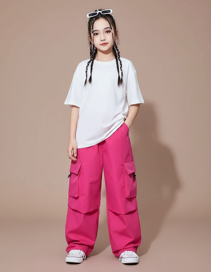 Pantalon Cargo Fuchsia Ample Décontracté Multipoches Enfant - Rose Polyester