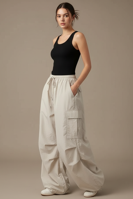 Pantalon Cargo Beige Ample Fluide Décontracté Femme - Polyester