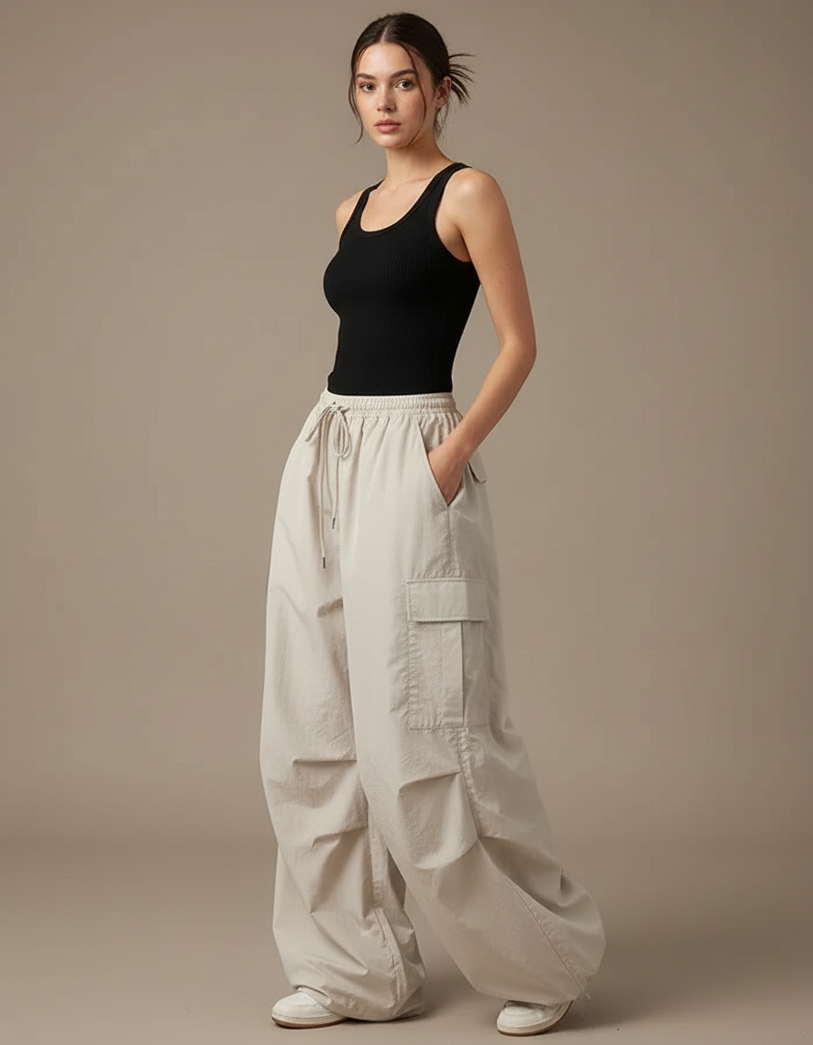 Pantalon Cargo Beige Ample Fluide Décontracté Femme - Polyester